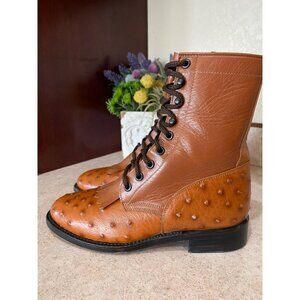 Vintage BM Bernard Moser Genuine Ostrich Leather Lace Up Boots Kiltie Fringe Ita